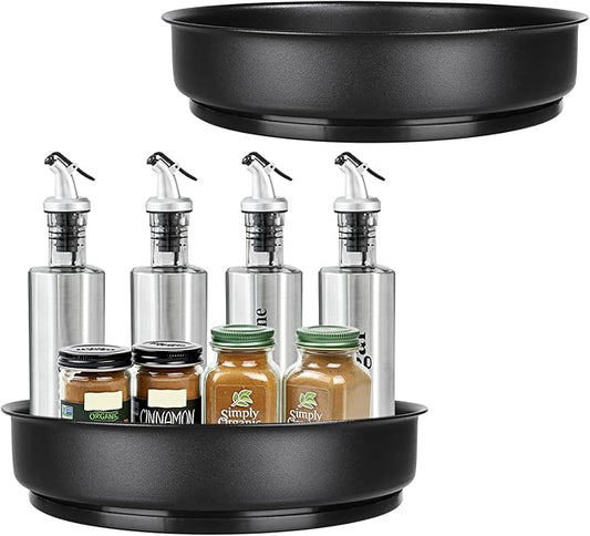 Lazy Susan Organizer - 2 Pack 10 Inch Stainless Steel Rotating Spice Racks with Turntable, Turntable Organizer for Cabinet Pantry Kitchen Countertop Bathroom Refrigerator Table Storage, Black