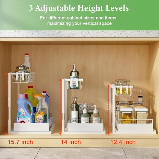 REALINN Under Sink Organizer, Height Adjustable Pull Out Cabinet Organizer, 2 Tier Under Sink Organizers and Storage for Kitchen Bathroom Laundry, White, 2 Pack