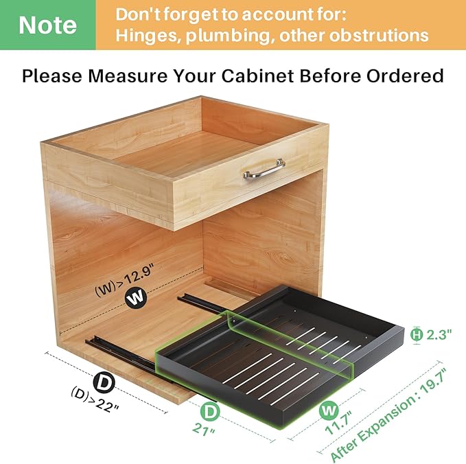 Pots and Pans Organizer Under Cabinet, Expandable(11.7"-19.7") Pull out Cabinet Organizer, Heavy Duty Adjustable Rack Inside Cabinet Fixed with Adhesive Film, Roll out Shelf Storage for Kitchen Pantry