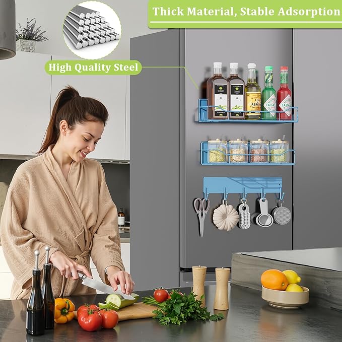 Magnetic Spice Rack for Refrigerator, 3 Pack Metal Magnet Spice Organizer Shelf with Hook Rack, Magnetic Fridge Shelves for Kitchen Organization and Storage, Seasoning Organizer Gadgets (Blue)
