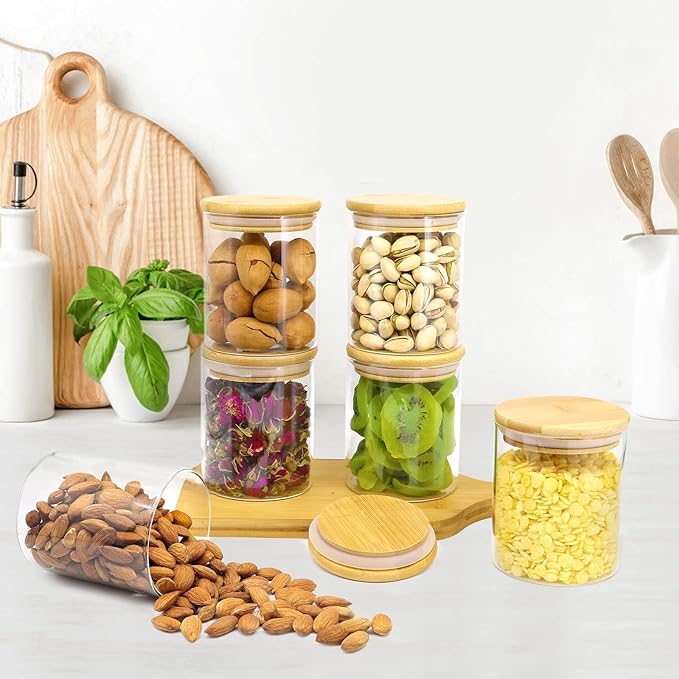 15oz Glass Jars with Airtight Bamboo Lids, Small Food Storage Containers, for Kitchen Pantry Organization Tea Coffee Candy Cookies Nuts（9 Pack）