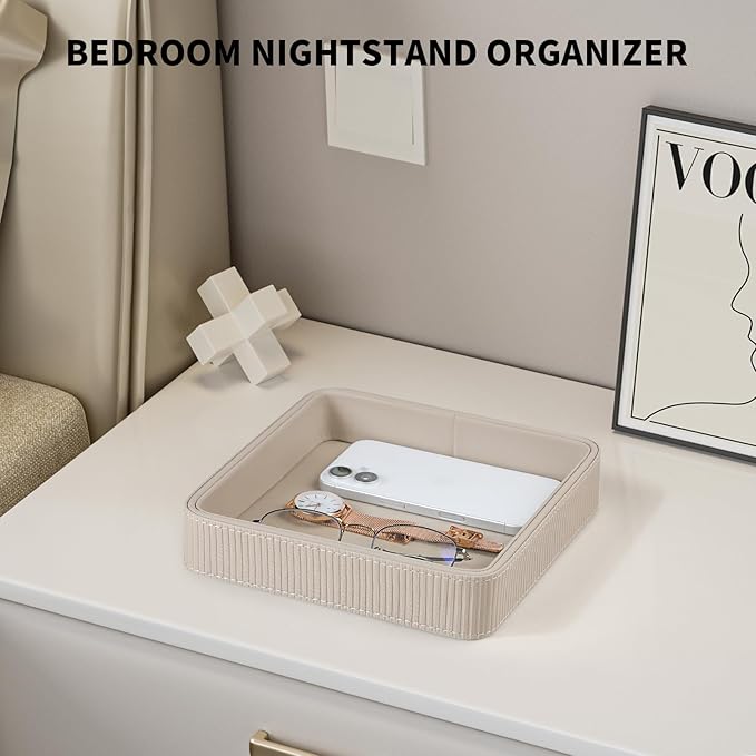 PU Leather Valet Tray Organizer, Small Nightstand Organizer Bedside Desktop Storage for Womens and Men, Perfume Trinket Catchall Vanity Tray for Key Watch Wallet (Beige, Square)