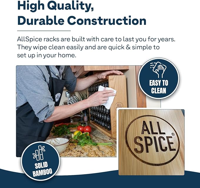 AllSpice Wood Spice Rack Organizer, 525 Unique Labels, Countertop or Wall Mount, Includes 30 4oz Jars- Bamboo