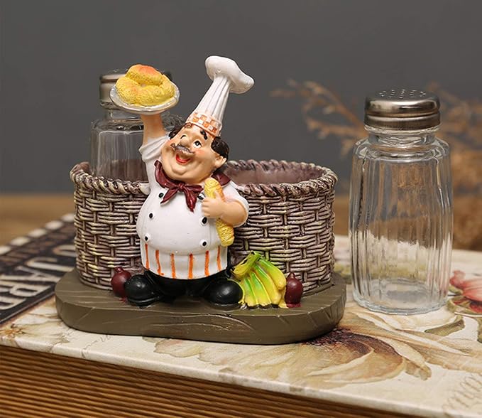 Salt and Pepper Shakers Set,Sitting Chef Decorative Statue Spice Organizer,Glass Spice Jars with Holder Figurine Gift for Family,Kitchen,Restaurant, Cafe,Bakery (Bread)
