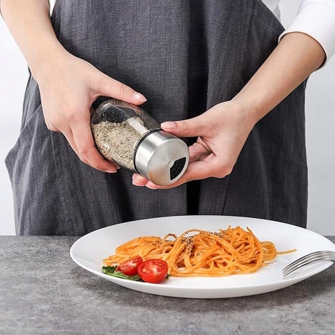 Elegant Salt and Pepper Shakers with Adjustable Pour Holes - Set of 2 - Premium Stainless Steel and Glass - Perfect Spice Dispenser Set for Your Delicious Meals