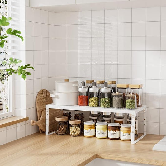 1 Pack Expandable shelf organizer，Stackable Shelves Organizers For Kitchen Cabinet Countertop Storage，Adjustable Counter Cupboard Pantry Rack Stand，White(16.53"-26.38")L*7.86"W*(6.19"-7.47")*H