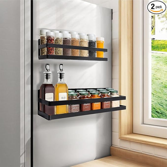 Uten Large Magnetic Spice Rack for Refrigerator, 2 Pack Enhanced Magnetic Shelves, Magnetic Shelf Moveable Fridge Organizer for Kitchen Holding Spices, Jars, Perfect Space Saver Storage Spice Rack