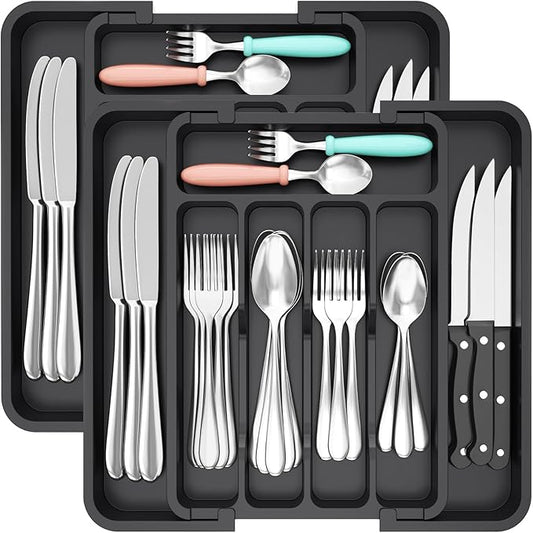 Lifewit Silverware Drawer Organizer, Expandable BPA Free Utensil Tray for Kitchen, Adjustable Flatware and Cutlery Holder for Spoons Forks Knives, Plastic Kitchen Organizers and Storage, Black