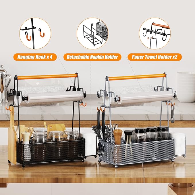PHINOX Utensil Caddy, Silverware Caddy Condiment Caddy, Utensil Holder for Party, Picnic Flatware Caddy with Handle and Paper Towel Roll Holders, Utensil Cutlery Caddy for Camping, Kitchen