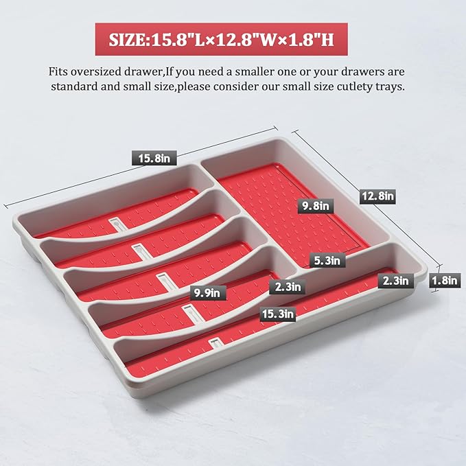 Silverware Organizer with Cutlery Icons，Silverware Tray for Kitchen Drawer，Plastic Flatware Tableware Cultery Drawer Organizer Utensil Organizer with Non-slip TPR Linings，6-Compartment