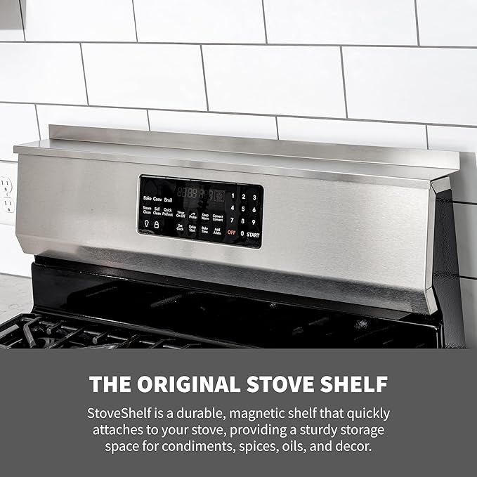 StoveShelf Deluxe 30" Length Stainless Steel Finish Magnetic Shelf for Kitchen Stove - Extra Strength Double Magnets - Kitchen Storage Solution with Zero Installation - Over Stove Spice Rack Organizer