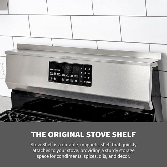 StoveShelf Deluxe 30" Length Stainless Steel Finish Magnetic Shelf for Kitchen Stove - Extra Strength Double Magnets - Kitchen Storage Solution with Zero Installation - Over Stove Spice Rack Organizer