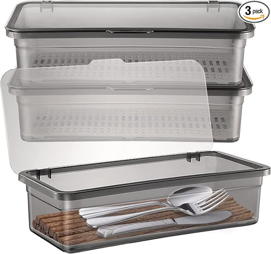 DOITOOL 3Pcs Flatware Tray with Lid Kitchen Cutlery and Utensil Drawer Organizer Silverware Holder Countertop Storage Container, 10 x 3.9 x 2.8inch (Black)