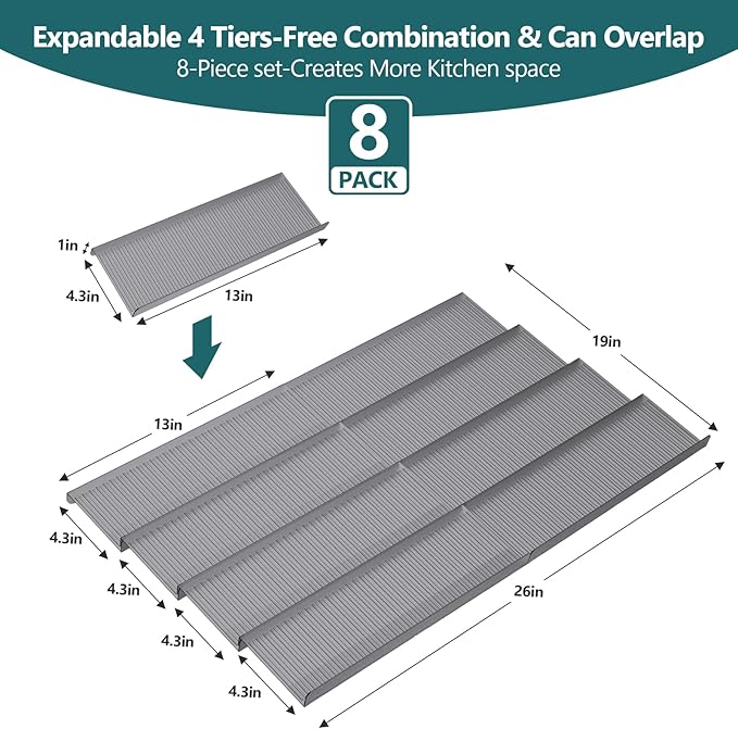 Spice Drawer Organizer,8 Pcs,Acrylic Spice Drawer Organizer,Drawer Spice Rack,Expandable From 13'' to 26'' Kitchen Spice Rack Organizers and Storage for Drawer(Grey)