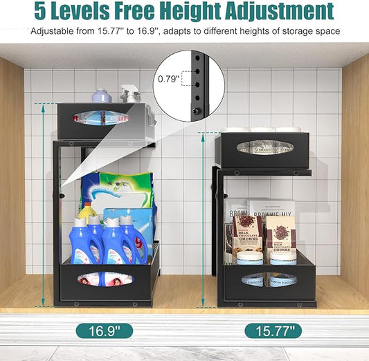 2 Pack Under Sink Organizer, 2 Tier Metal Pull Out Under Sink Storage with Sliding Mesh Drawers, Height Adjustable Slide Out Under Sink Organizer for Kitchen Bathroom Cabinet, Black