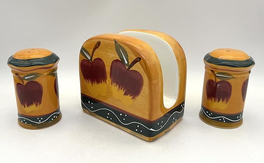 Country Apple Salt and Pepper Shaker with Napkin Holder, Kitchen Décor