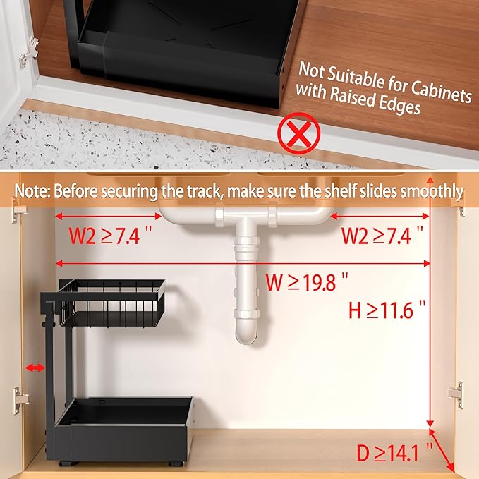 2-Pack Expandable Under Sink Organizers and Storage, 2-Tier Adjustable Pull-Out Cabinet Organizers, Slide-Out Shelves with Width (9.9"-15.7") & Height (11.6"-15.6") for Kitchen & Bathroom