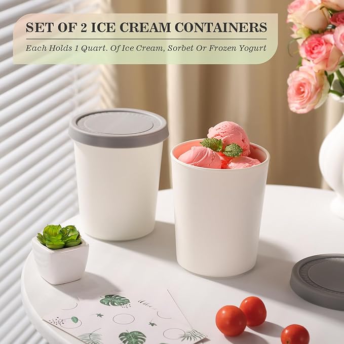 2Pack Ice Cream Containers for Homemade Ice Cream（1 Quart Each），Reusable Plastic Storage Containers Cups with Lids for Freezer，Stackable Storage Container for Gelato，Yogurt, Sorbet
