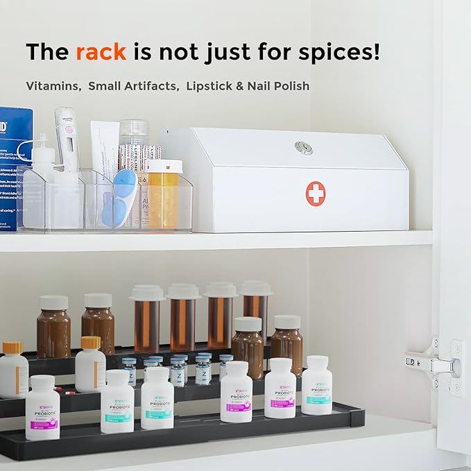 Expandable Spice Rack Organizer - 3 Tier Adjustable Spice Organizer for Cabinet & Countertop - Easy Visibility - Black