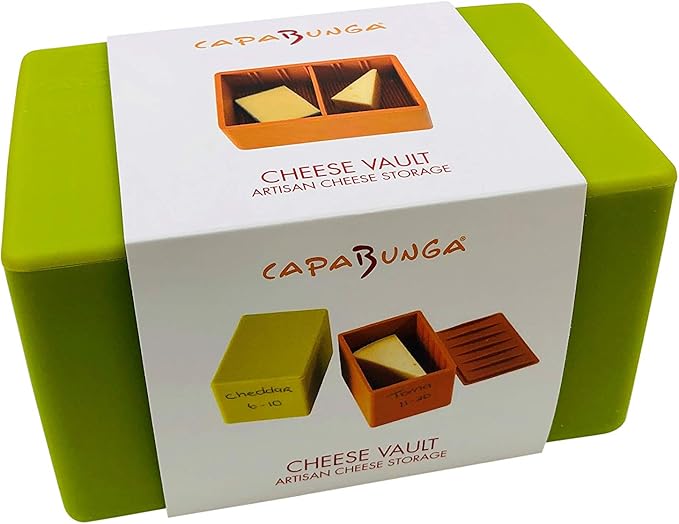 CapaBunga Cheese Vault with Divider - Reusable Artisan Cheese Storage Container for Fridge - Food Grade Silicone Cheese Container 6x4x3.5” - Cheese Keeper for Refrigerator - Green Cheese Holder