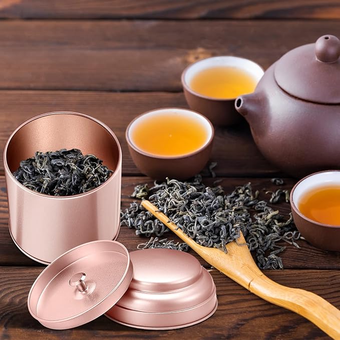 12 Pcs Tea Tin Canister with Airtight Double Lids 8 oz Round Tin Can Box Small Kitchen Tea Canister Loose Leaf Storage Containers for Loose Bags Coffee Sugar Candy Spices(Rose Gold)
