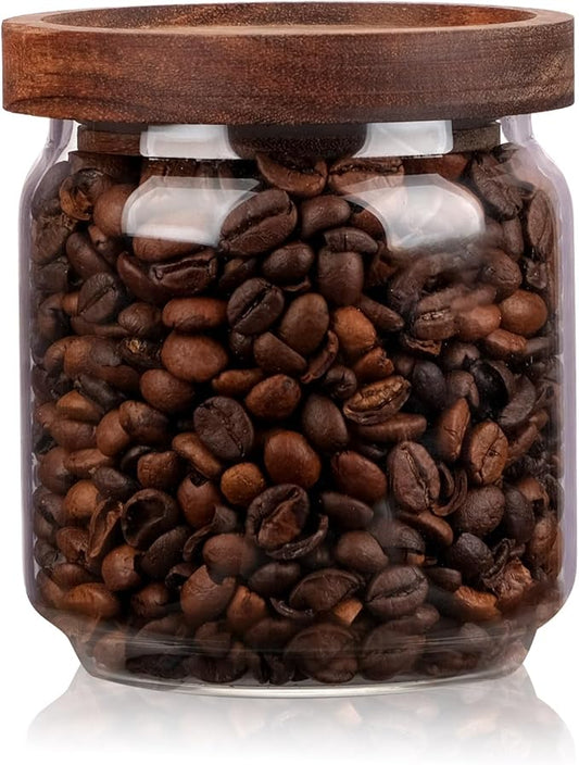 WHJY 15oz Glass Storage Containers with Wooden Lids Airtight Food Canister for Tea Sugar Dry Goods Clear Coffee Jars for Kitchen Pantry