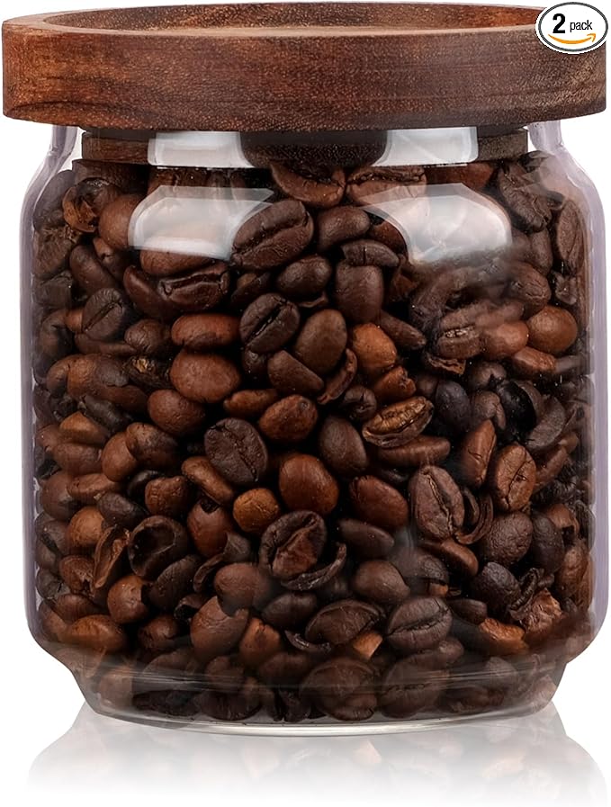 WHJY 2 pack 10oz Glass Storage Containers with Wooden Lids Airtight Food Canister for Tea Sugar Dry Goods Clear Coffee Jars for Kitchen Pantry