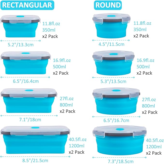 Collapsible Food Storage Containers with Lid & Air Vent, 16 Pack, 8 Rectangular + 8 Round, Foldable Silicone Lunch Containers Collapsible Bowls Set, Microwave Freezer Dishwasher Safe, Blue