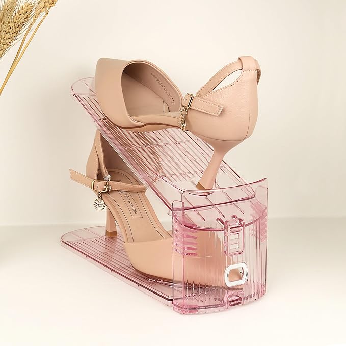 Yes!Fresh Shoe Slot Organizer, Boutique Display Style Shoe Stacker for A Pair of Shoes, Separable Shoe Rack for Closet Organization, 3 Adjustable Narrow Shoe Rack (Pink, 2 Pack)