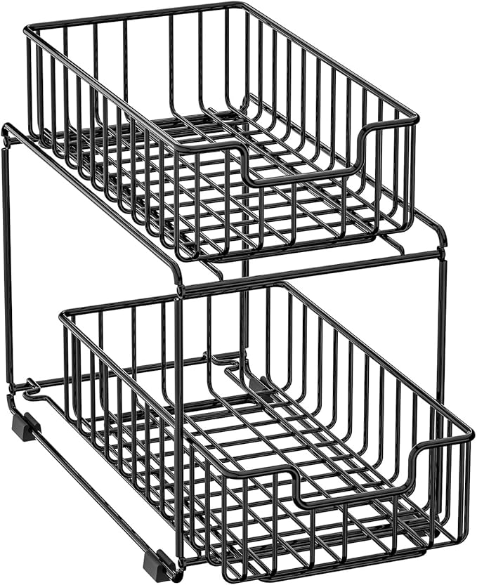 Under Sink Storage Spice Rack Organizer for Cabinet, Heavy Duty Metal Kichen Organizer with Slide Drawer, Black