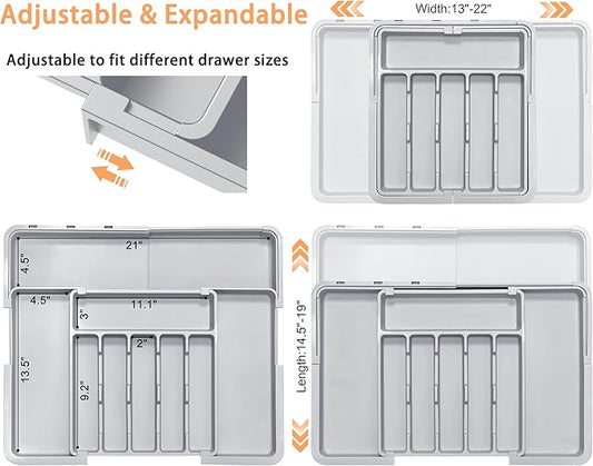 Silverware Organizer Expandable Kitchen Drawer Organizer Adjustable 22"x 19" Utensil Organizer with Rubber Feets Cutlery Drawer Organizer for Spoons Forks Knives Kitchen Organizers and Storage Grey