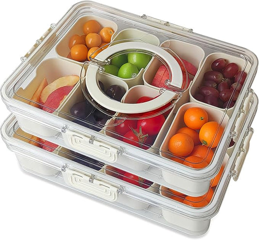 Picnic Parties Fruit Tray, Fridge Food Veggie Condiment Divided Serving Preservation Storage Containers, Kitchen Clear Snackle Box Candy Organizer with Lid Handle (2)