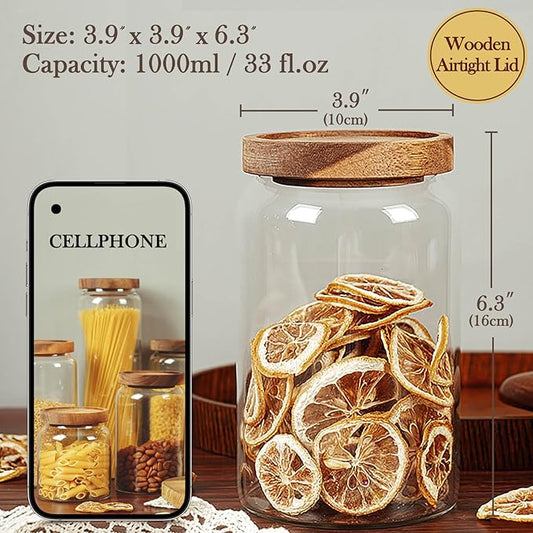 Labina Glass Storage Container Airtight Food Jars Kitchen Canister with Wood Lids, 33 Oz Wide Mouth Pantry Organization Glass Jar for Flour, Sugar, Cookie, Spagetti, Nuts and Candy