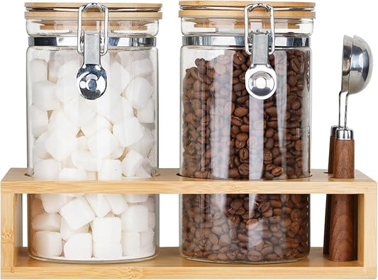KKC HOME ACCENTS Airtight Glass Coffee and Sugar Storage Jars with Sealed Clamp Lids and Scoops, Air Tight Glass Coffee bean Containers for Ground Coffee,Loose Leaf Tea,Brown Sugar,Matcha,40 FL OZ