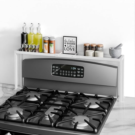 Bumusty Spice Rack Shelf for Kitchen Stove, 32" Stove Top Shelf, Stove Shelf for Back of Stove, Over the Stove Shelf, Kitchen Organizers, Oven Shelf for Top of Stove, White