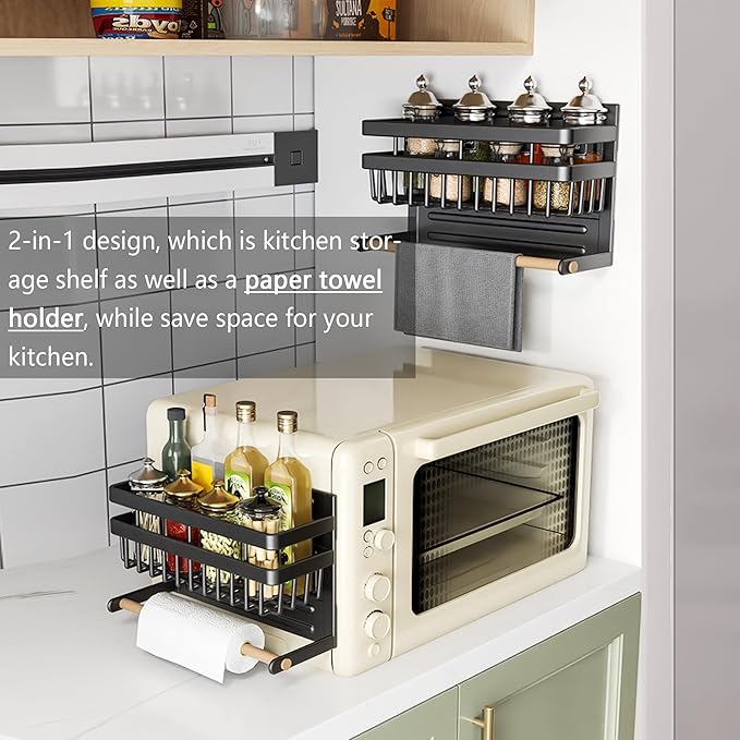 Sleclean Magnetic Spice Rack for Refrigerator Magnetic Paper Towel Holder Shelf Fridge Magnet Organizer Spice Rack Organizer Kitchen Organization Kitchen Storage,Black