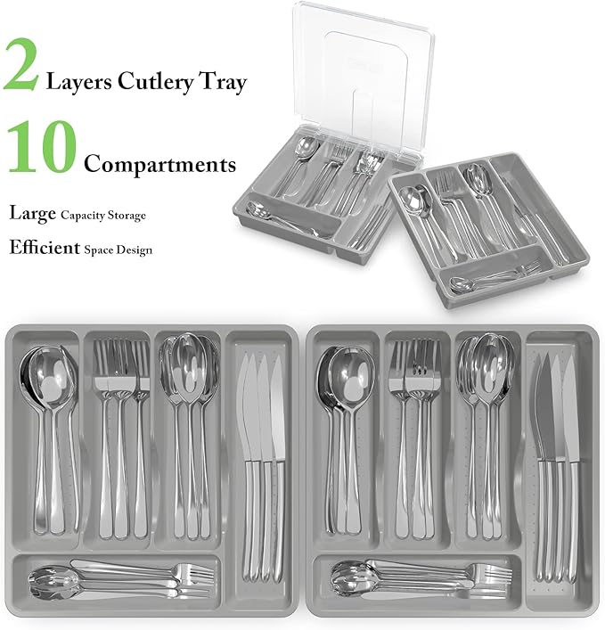 Silverware Organizer with Lid for Drawer, Plastic Utensil Holder for Countertop, Flatware Organizer Cutlery Tray with Cover 5 Compartments (2 Layer-Gray)