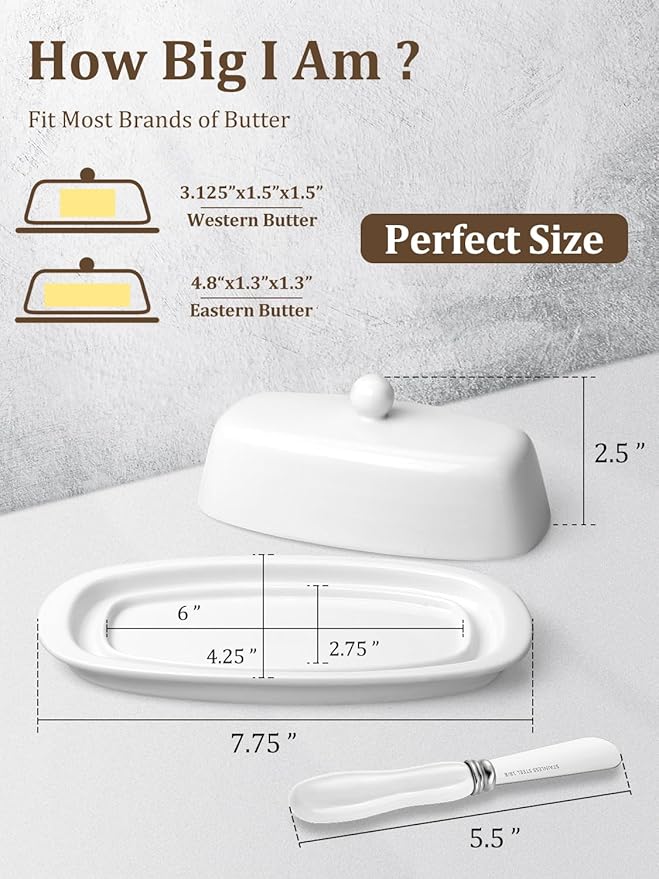 Yedio Ceramic Butter Dish with Lid and Knife for Countertop Refrigerator, 8 Inch White Butter Holder with Porcelain Cover Knob Handle for East West Coast Butter Stick
