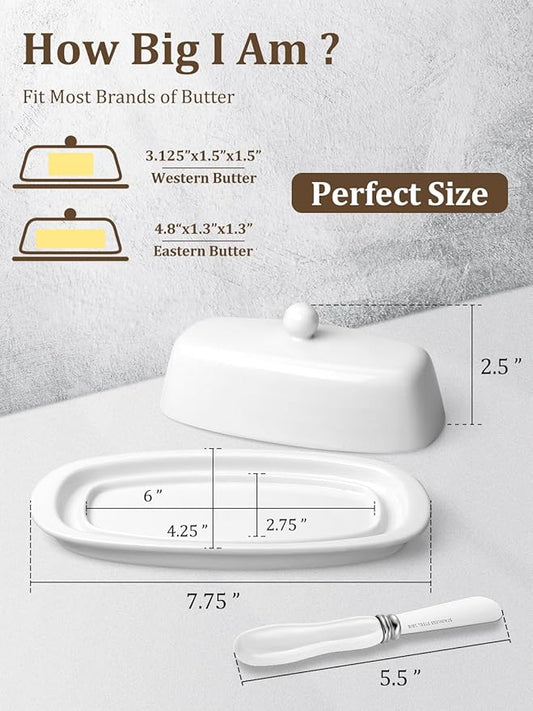 Yedio Ceramic Butter Dish with Lid and Knife for Countertop Refrigerator, 8 Inch White Butter Holder with Porcelain Cover Knob Handle for East West Coast Butter Stick