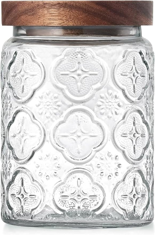 Vintage Glass Jar with Lid – Airtight Container for Ground Coffee, Flour, Cookies, Candy, Glass Canisters for Kitchen and Pantry Storage, Begonia, 24oz