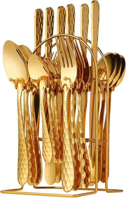 24 Piece Gold Silverware Set with Hanging holder-Service for 6,Stainless Steel Flatware Cutlery Set-Fork Spoon and Knife,Mirror Polished,Dishwasher Safe,Kitchen Utensil Tableware Set,Golden