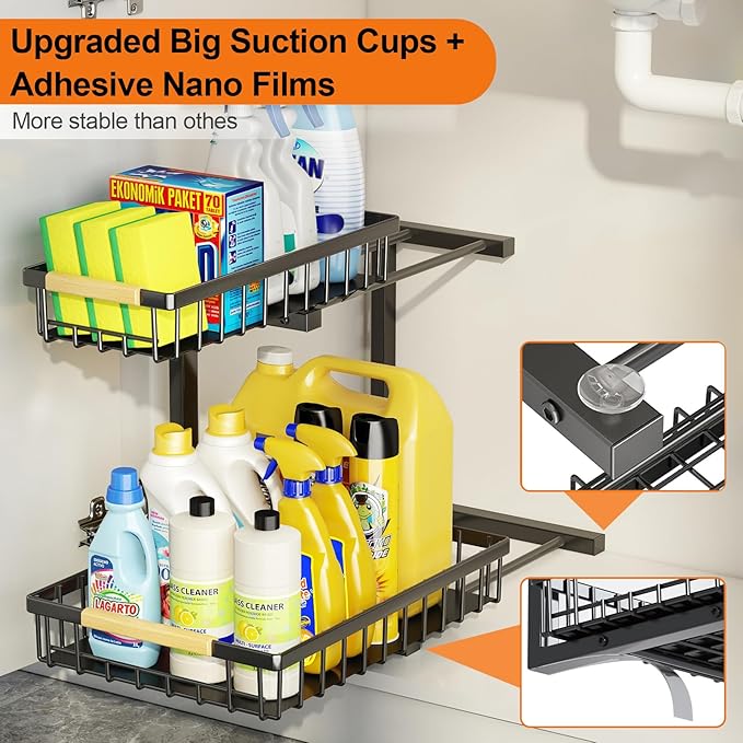 Miyawell Under Sink Organizer and Storage, 2-Tier Pull Out Cabinet Organizers Shelf, Metal Sliding Drawers Shelves for Kitchen Bathroom Closet Organization, 2 Pack
