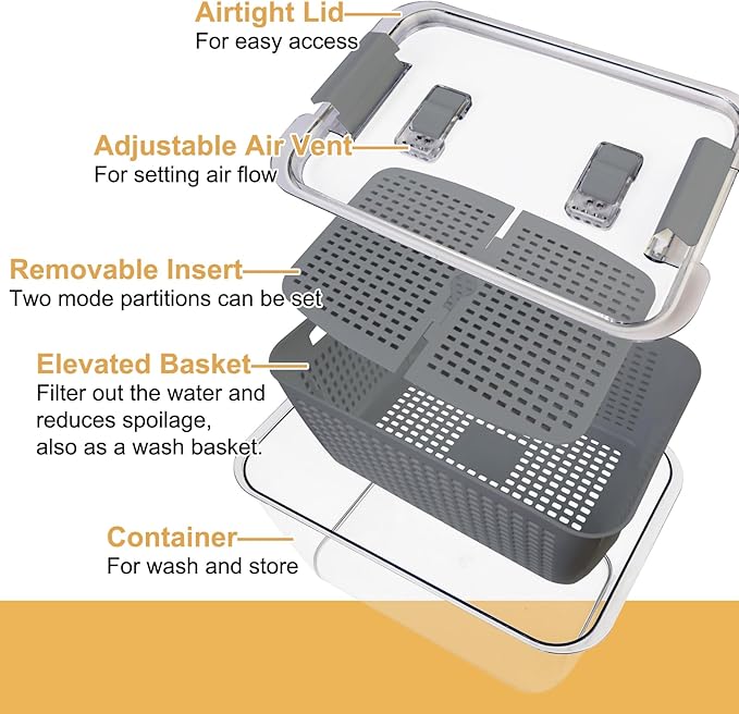 Fruit Storage Containers for Fridge with Removable Colanders, Airtight Produce Vegetable Berry Containers with lid for Fridge, Food Storage Containers for Washing, Draining, Freshness