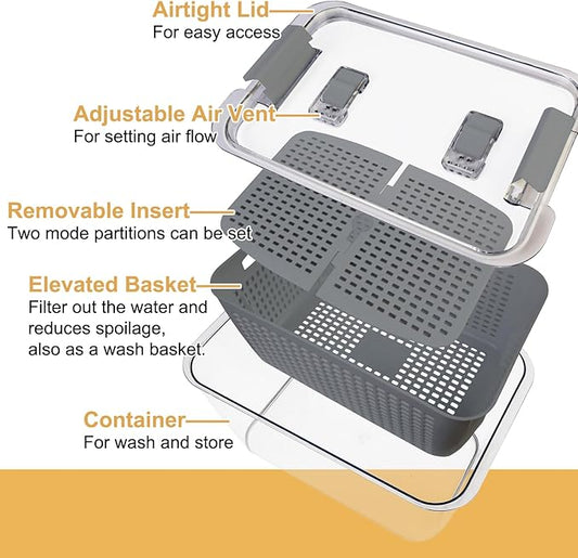 Fruit Storage Containers for Fridge with Removable Colanders, Airtight Produce Vegetable Berry Containers with lid for Fridge, Food Storage Containers for Washing, Draining, Freshness