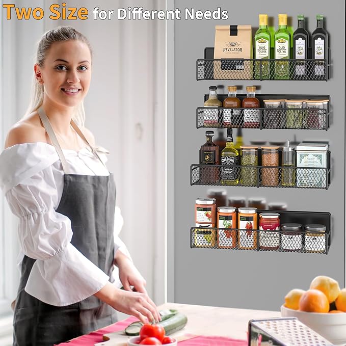 Magnetic Spice Rack for Refrigerator, 4 Pack Metal Magnetic Shelf Black, Moveable Spice Organizer, Super Magnetic Fridge Shelf for Kitchen Organization and Storage