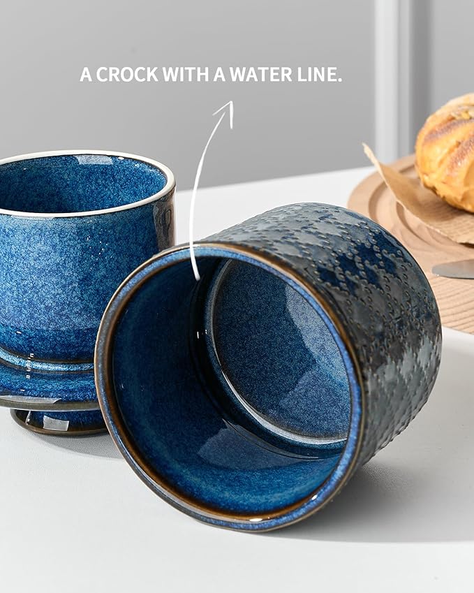 XELA - Ceramic Butter Crock - Butter Dish with Lid for Countertop - Keep Your Butter Perfectly Spreadable 24/7 - Embossed - Kiln Turns Blue