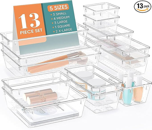 WOWBOX 13 PCS Clear Plastic Drawer Organizer Set, 5 Sizes Desk Drawer Divider Organizers and Storage Bins for Makeup, Jewelry, Gadgets for Kitchen, Bedroom, Bathroom, Office