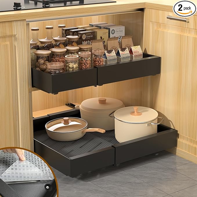 2 Pack 16.8" Deep Pull Out Drawers for Cabinets, Expandable Slide Out Drawers for Kitchen Cabinets, Pull Out Cabinet Organizer Roll Out Shelves for Pantry（Width 12.2"-19.7", Black）
