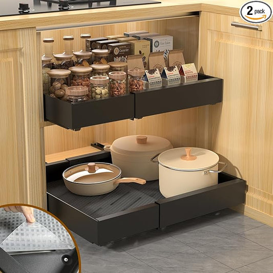 2 Pack 16.8" Deep Pull Out Drawers for Cabinets, Expandable Slide Out Drawers for Kitchen Cabinets, Pull Out Cabinet Organizer Roll Out Shelves for Pantry（Width 12.2"-19.7", Black）