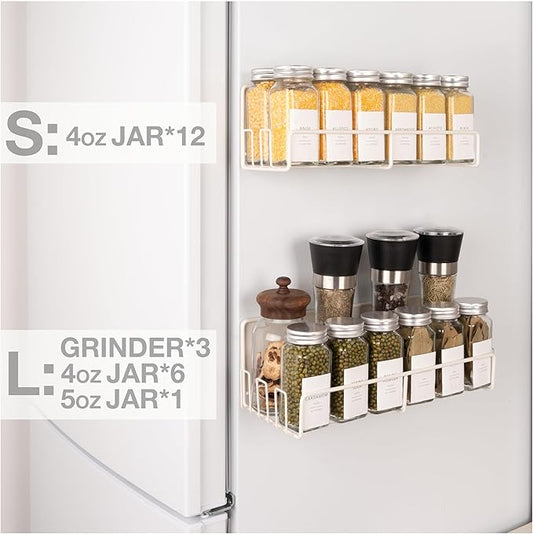 Strong Magnetic Spice Rack For Refrigerator with 20 Hooks, Space Saving Organizer, Durable Shelf for Oven - 4 Pack - Iron - Cloud Dancer